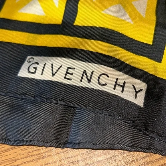 Vtg Givenchy Authentic 100% Silk Bright Yellow & Black Square Print Scarf